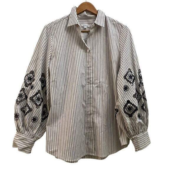 Chico’s 1.5 Embroidered Balloon Sleeve Shirt | US 10, Striped, Button Front - Picture 9 of 9
